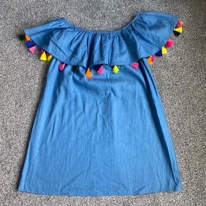 Off shoulder mock denim dress.